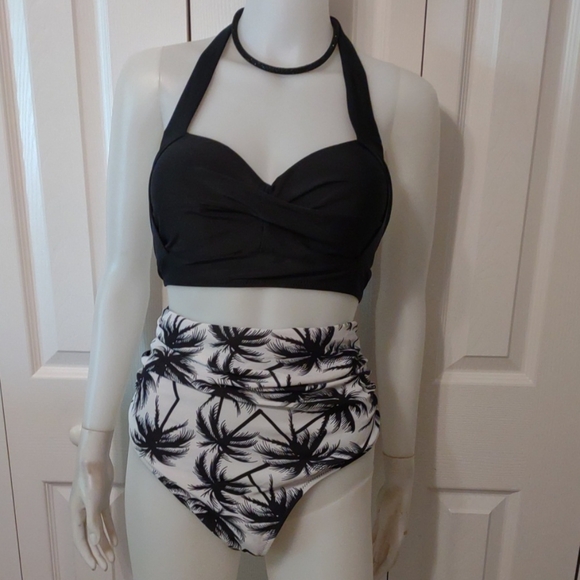 Tempt Me 2 Pc Halter Ruched High Waist Bikini Bottom White & Blk Palm trees 2 XL - Picture 1 of 10